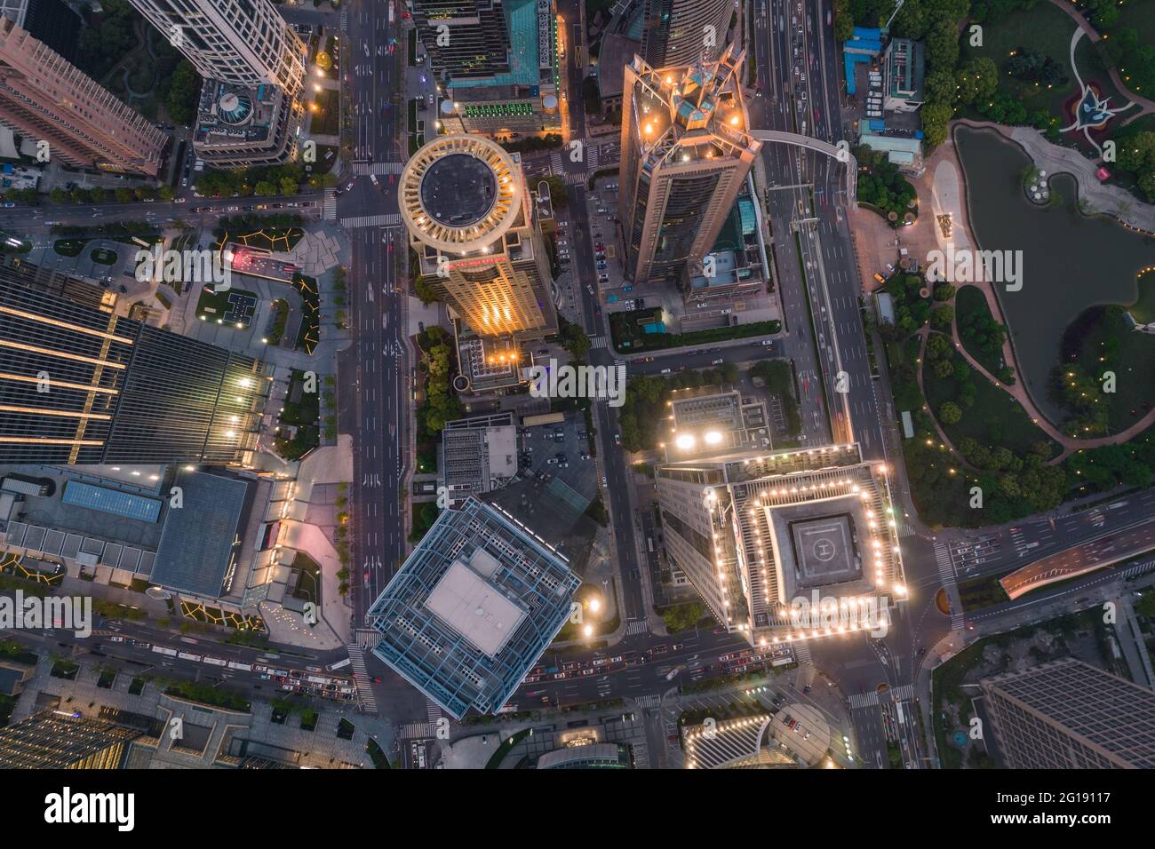 Aerial view of the skyscrapers in Shanghai, China, at night Stock Photo ...