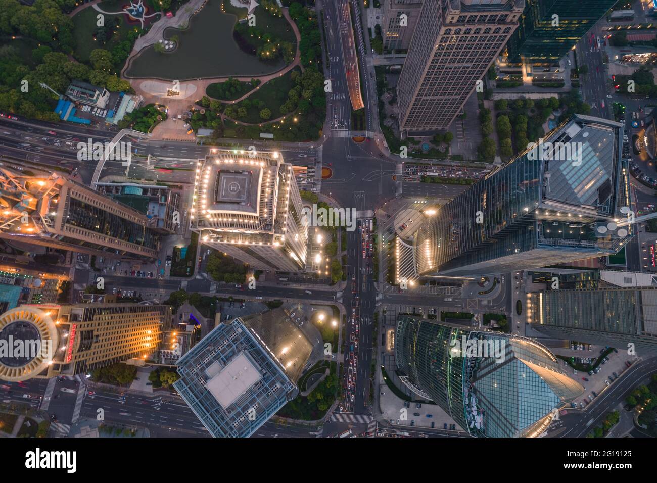 Aerial view of the skyscrapers in Shanghai, China, at night Stock Photo ...