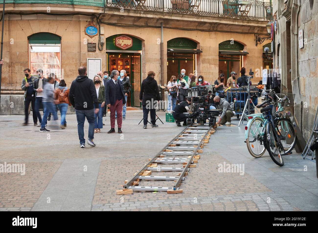 Filming of the tv series for Netflix 'La vida Padre' in old town, Bilbao, Biscay, Basque Country, Euskadi, Euskal Herria, Spain, Europe Stock Photo