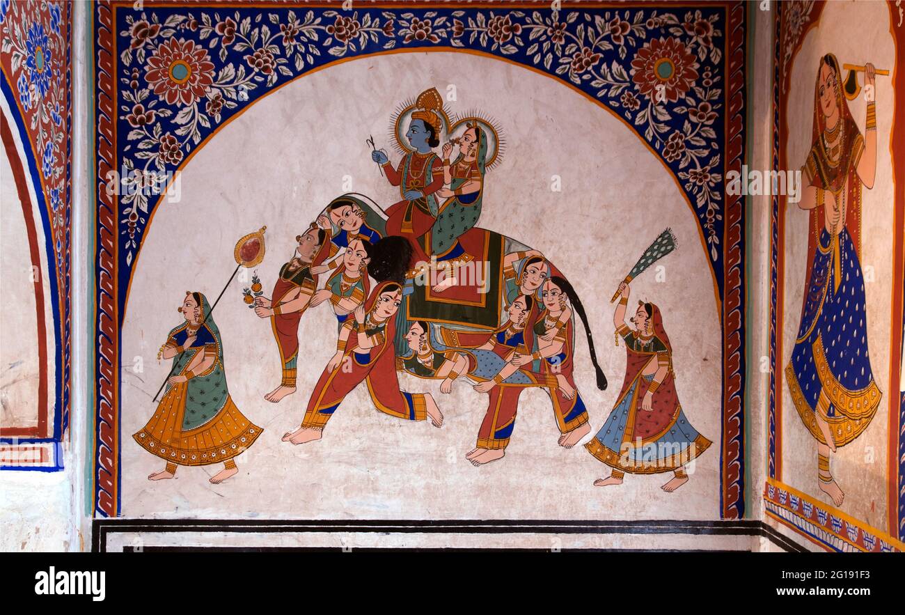 Details of frescoes inside a haveli at Mandawa in Shekhawati, Rajasthan ...