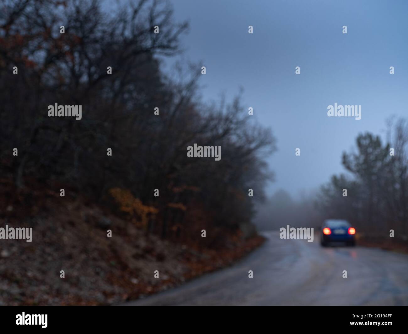 blue car headlight beams in dense mist. Driving in the Fog on the