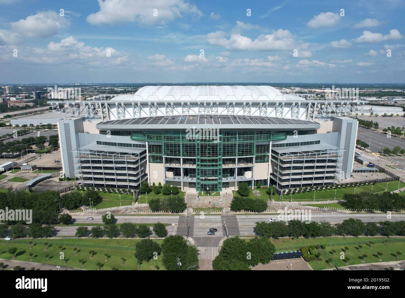 An aerial view of NRG Stadium, Sunday, May 30, 2021, in Houston. The retractable roof stadium is the home of the Houston Texans. Stock Photo