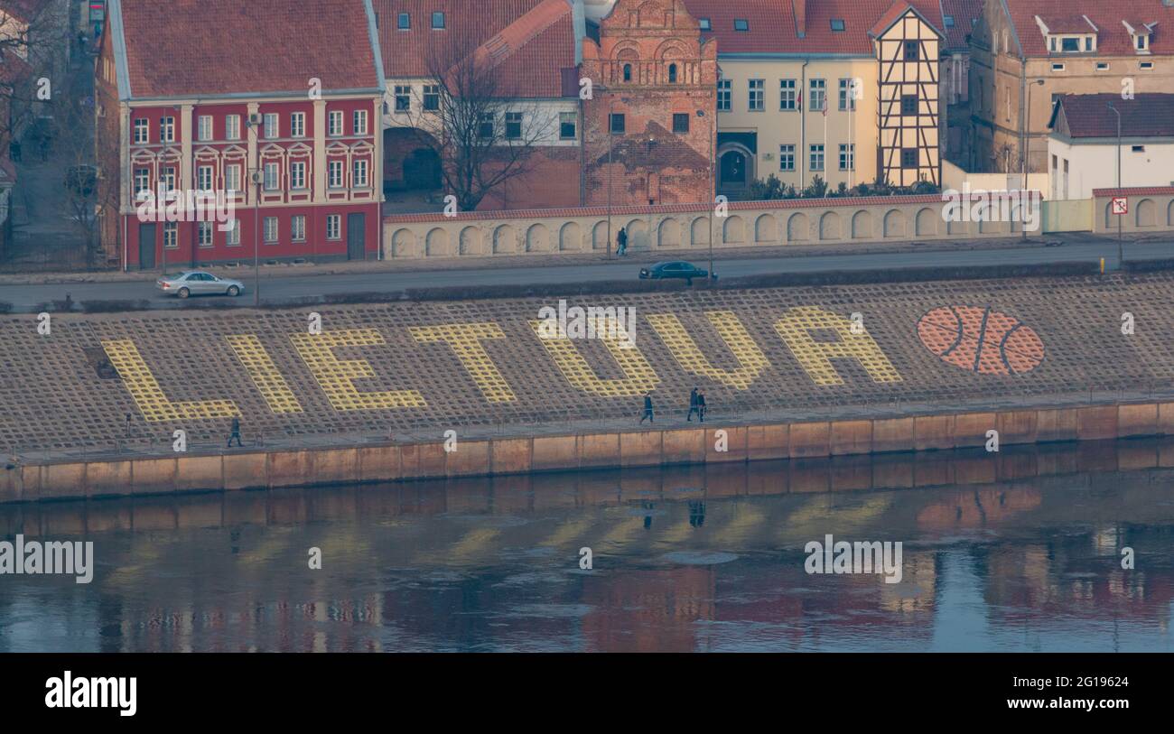 A picture of a basketball sign displayed on the margin of the Nemunas river (Kaunas). Stock Photo