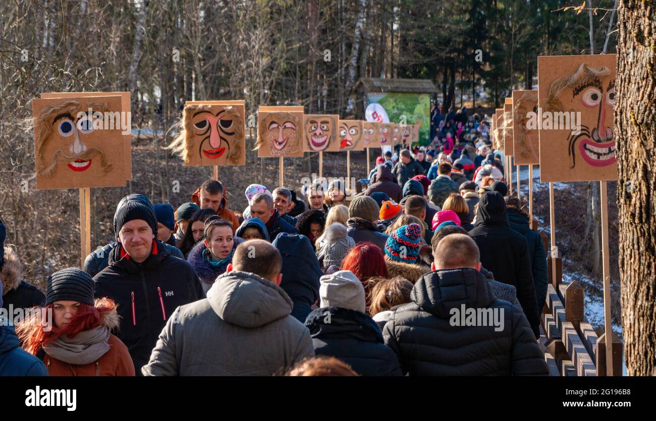 A picture of the crowd proceeding to the Užgavėnės event, Lithuania's shrovetide celebration. Stock Photo