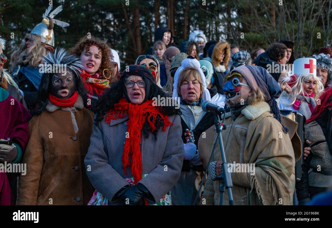A picture of the singers in costume at the Užgavėnės event, Lithuania's shrovetide celebration. Stock Photo