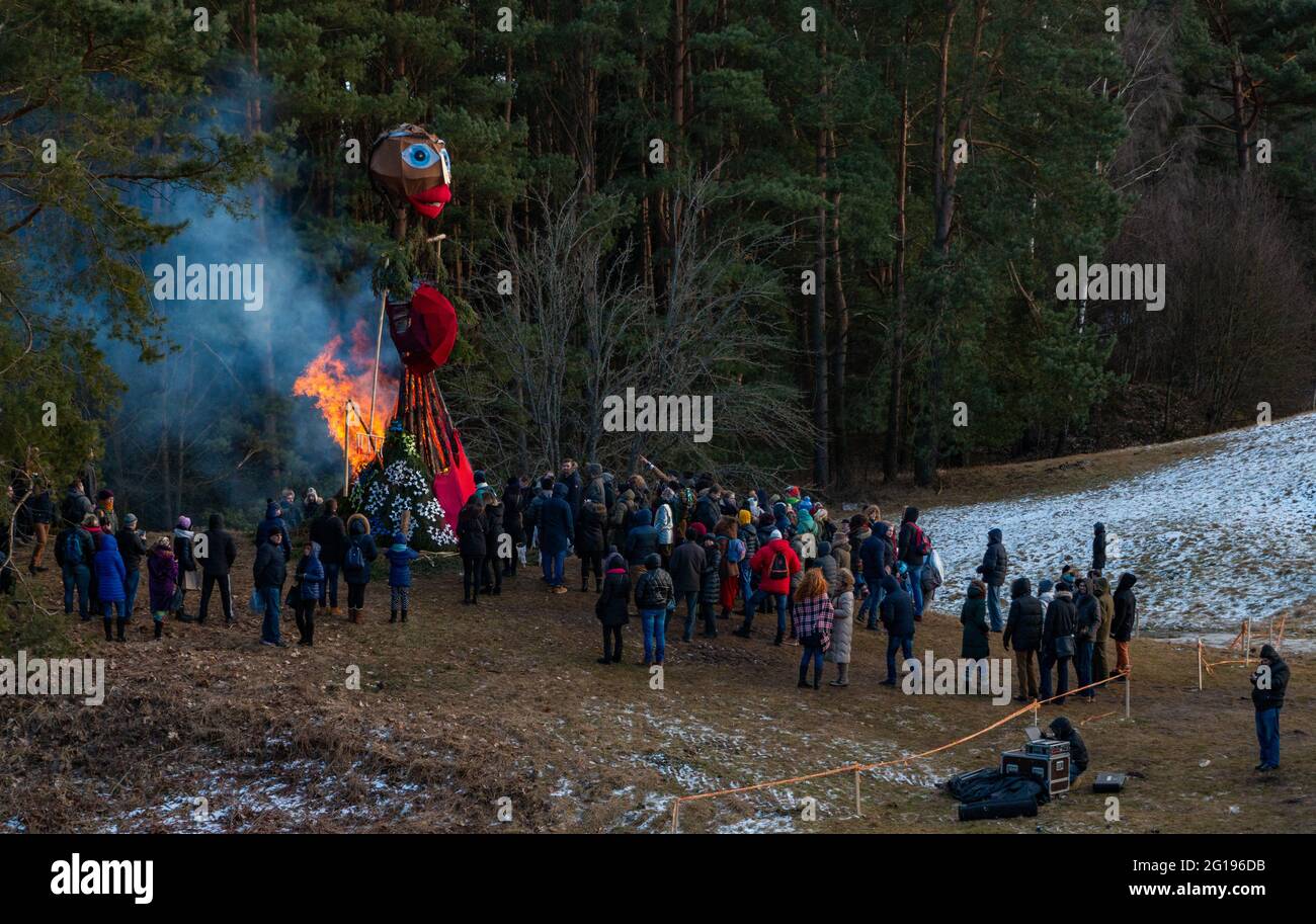 A picture of the doll burning at the Užgavėnės event, Lithuania's shrovetide celebration. Stock Photo