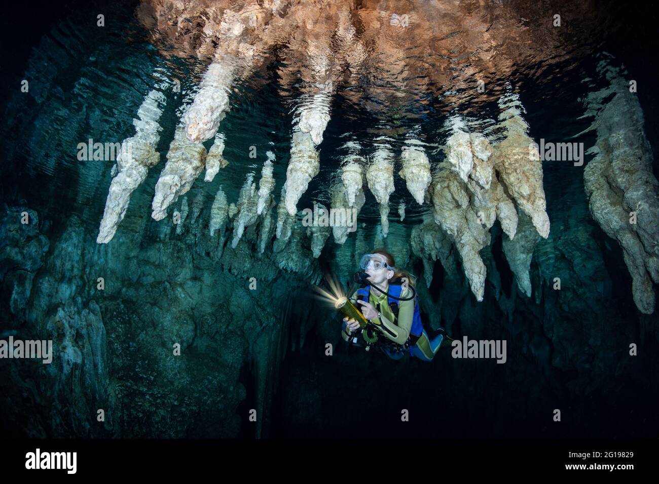 Scuba Diver in Chandelier Dripstone Cave, Micronesia, Palau Stock Photo