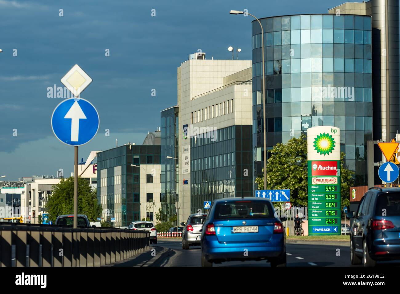 Warsaw, Poland June 2, 2021 Fuel prices at the gas station. Glass buildings in the center of