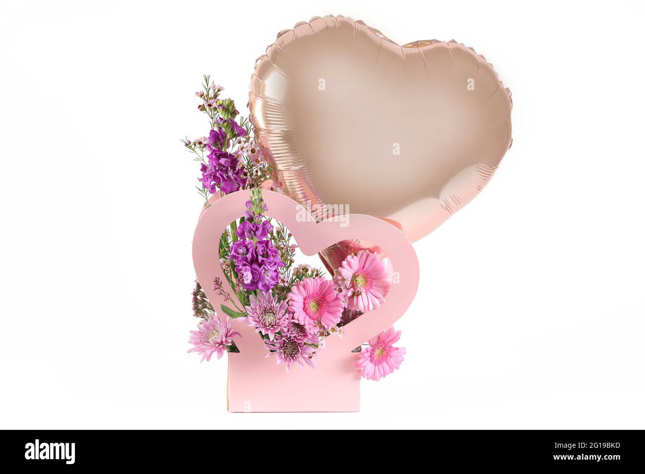 Flower bouquet with balloon and place for text. Stock Photo