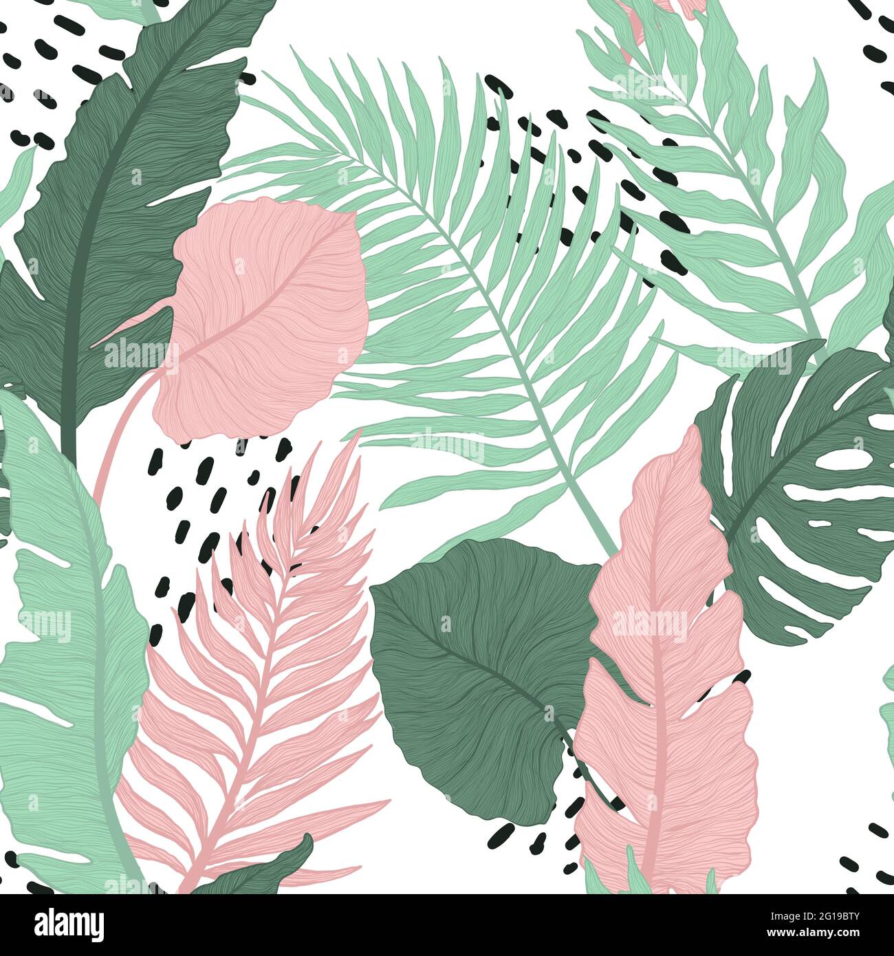 Hand drawn decorative vector seamless pattern with tropical leaves. Trendy print with exotics leaf. Stock Vector