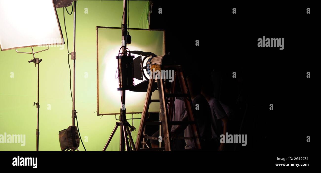 Studio light equipments for photo or film movie video. Light set for professional shooting and screen background. LED Flood light and Spot light for v Stock Photo