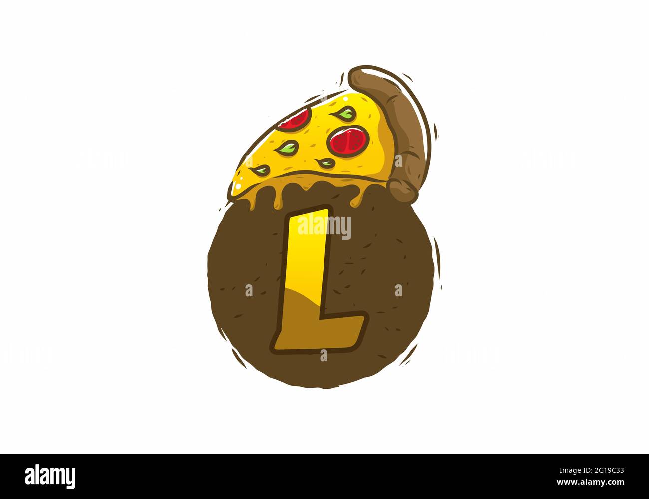 Yellow brown pizza slice with L initial letter design Stock Vector
