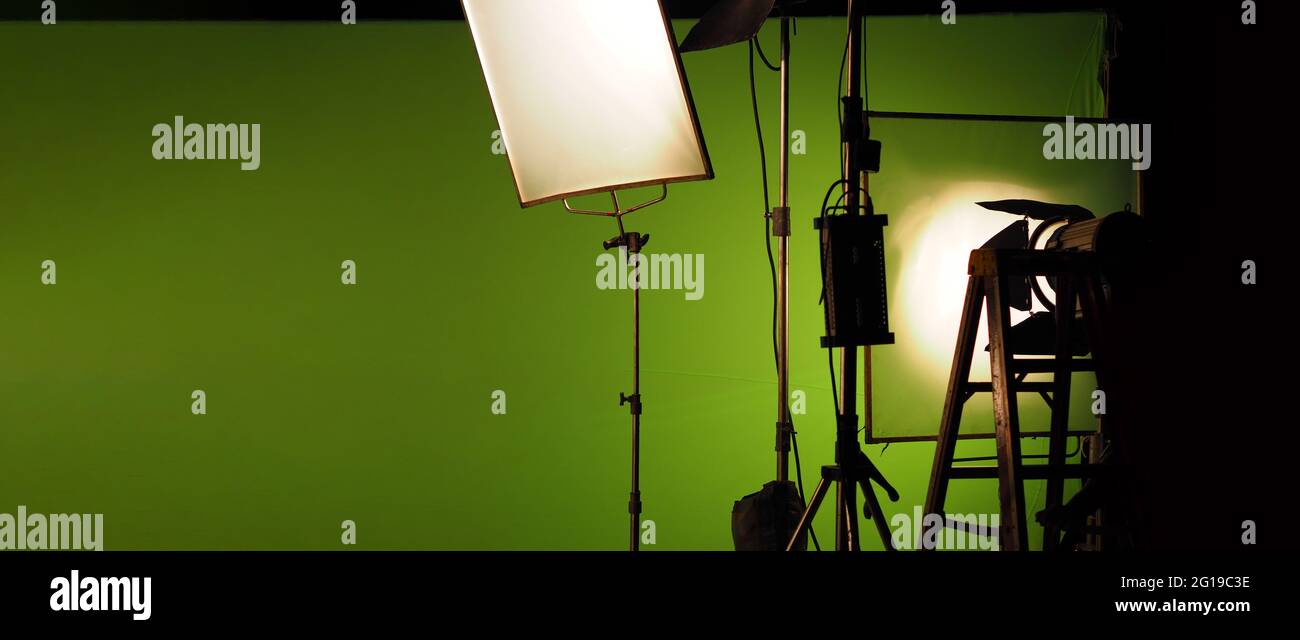 Studio light equipments for photo or film movie video. Light set for professional shooting and screen background. LED Flood light and Spot light for v Stock Photo