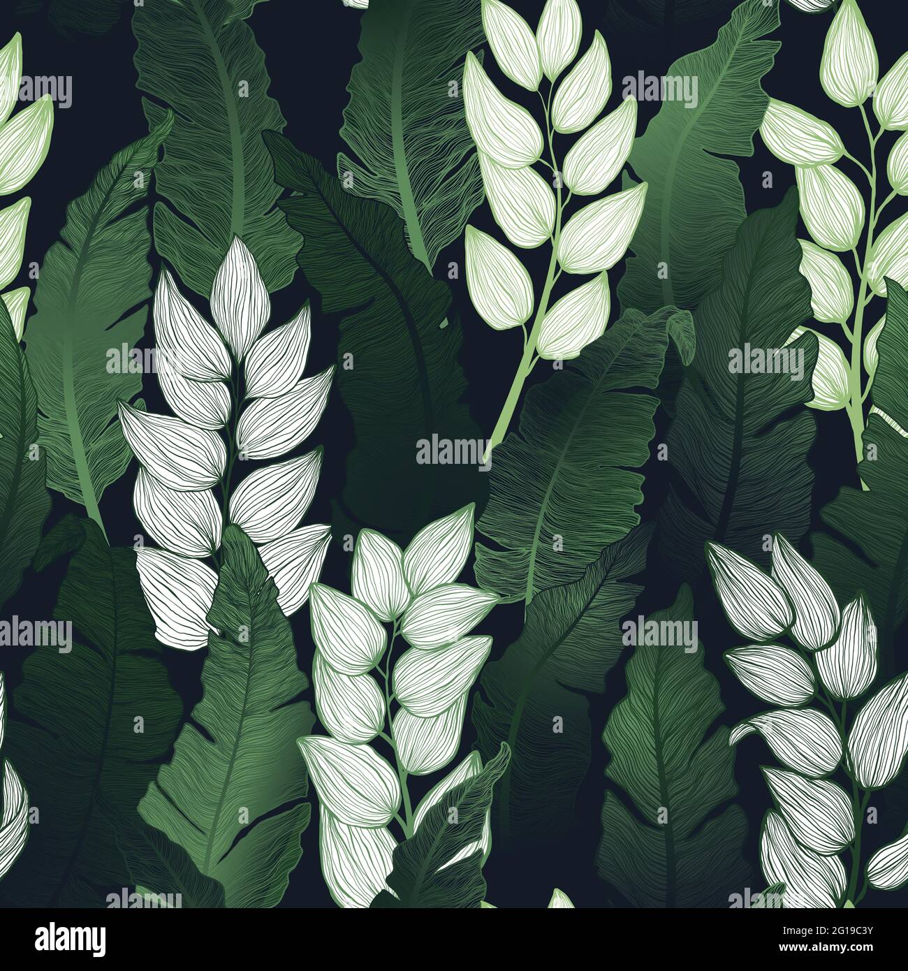 Hand drawn decorative vector seamless pattern with tropical leaves. Trendy print with exotics leaf. Stock Vector