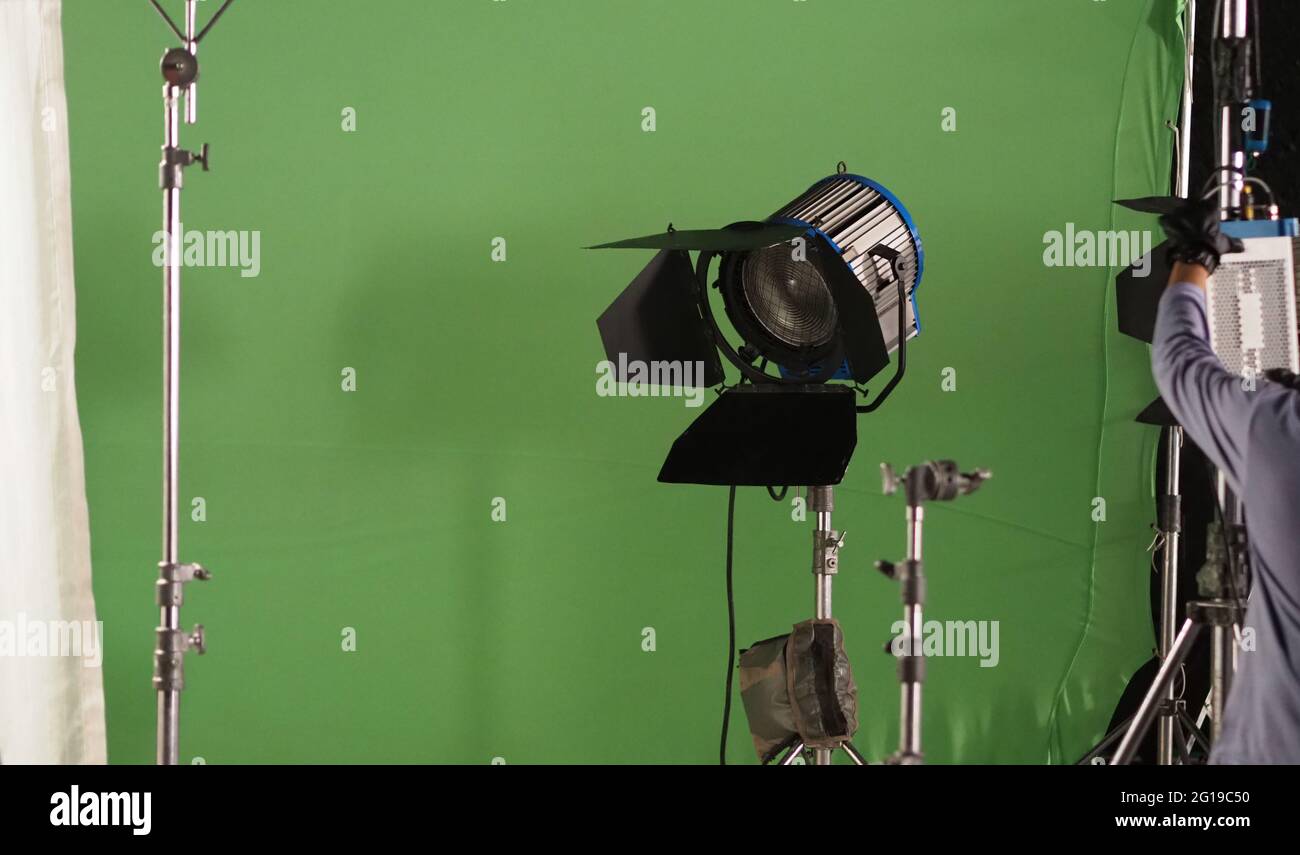 Studio light equipments for photo or film movie video. Light set for  professional shooting and screen background. LED Flood light and Spot light  for v Stock Photo - Alamy