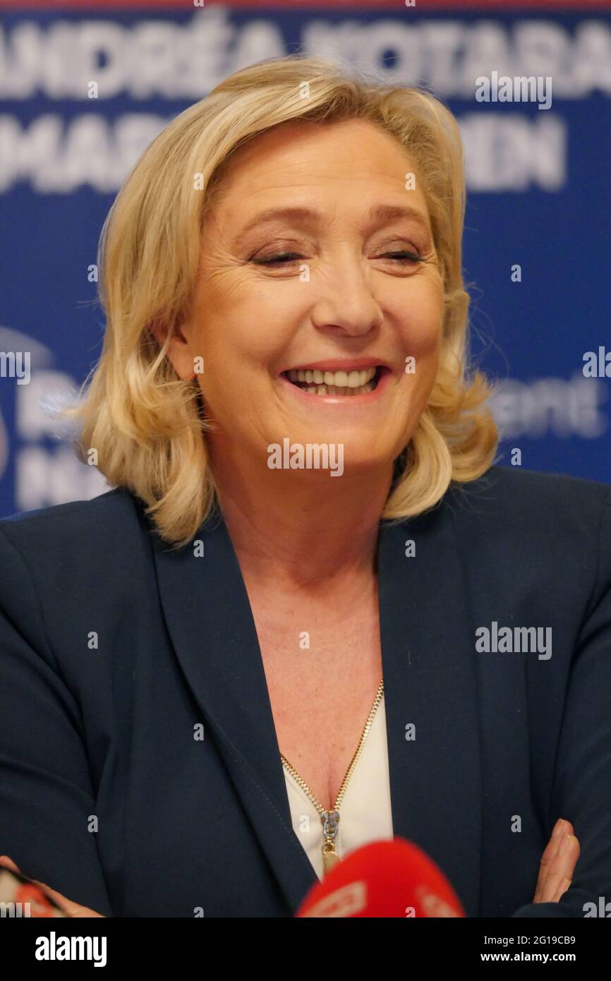 Marine Le Pen, President of RN (Rassemblement National), attends press conference, Saint-Chamond, Loire, AURA region, France, June 3 2021 Stock Photo