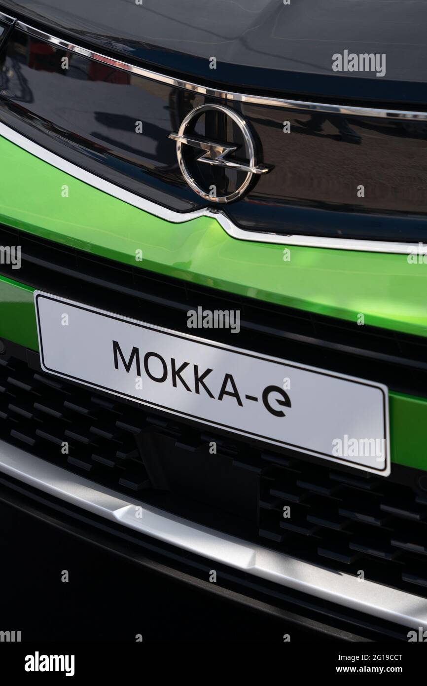 Opel Mokka-E electric vehicle front view Stock Photo