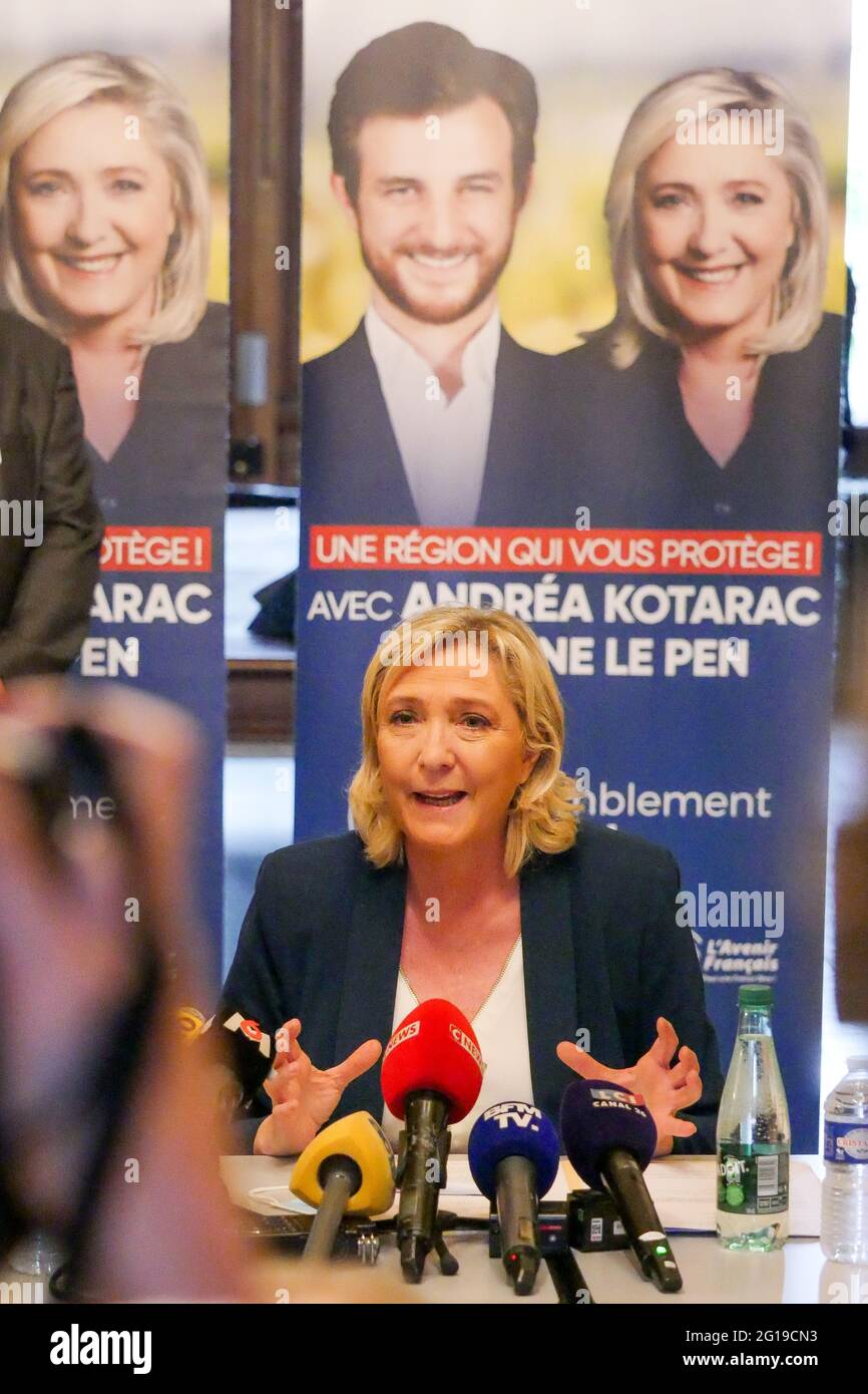 Marine Le Pen, President of RN (Rassemblement National), attends press conference, Saint-Chamond, Loire, AURA region, France, June 3 2021 Stock Photo
