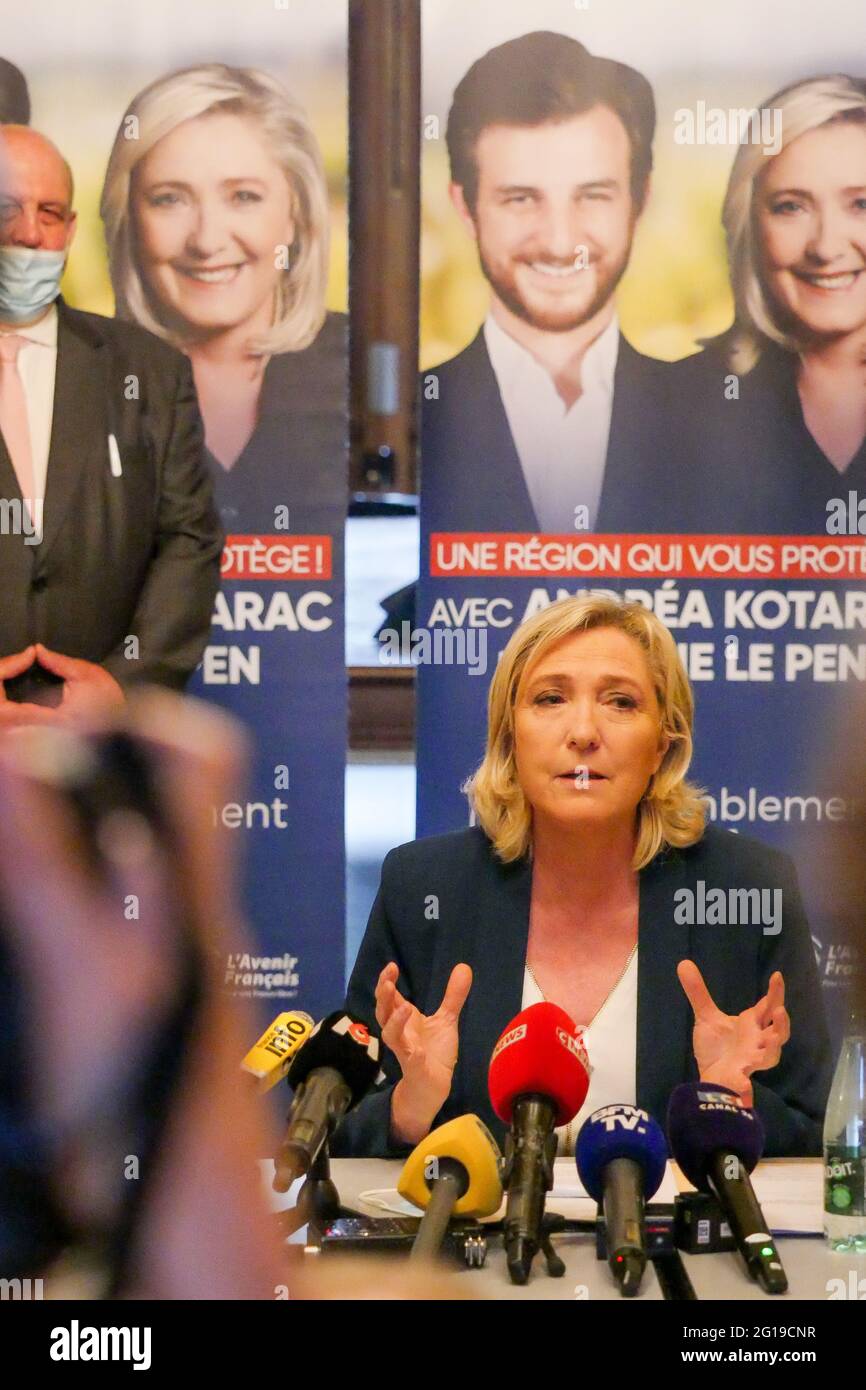 Marine Le Pen, President of RN (Rassemblement National), attends press conference, Saint-Chamond, Loire, AURA region, France, June 3 2021 Stock Photo
