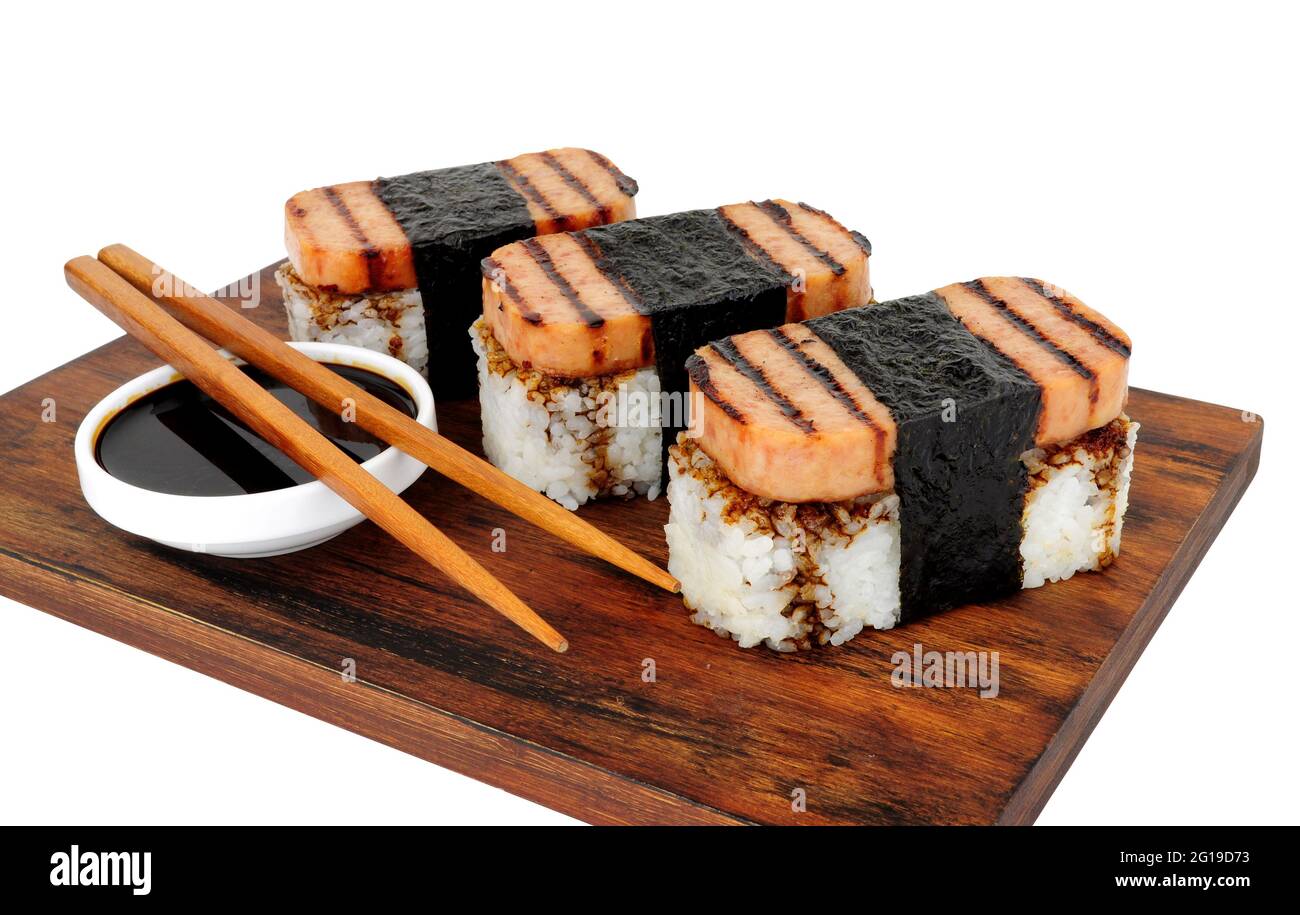 Spam musubi with grilled pork luncheon meat and sushi rice wrapped with  roasted seaweed nori isolated on a white background Stock Photo - Alamy