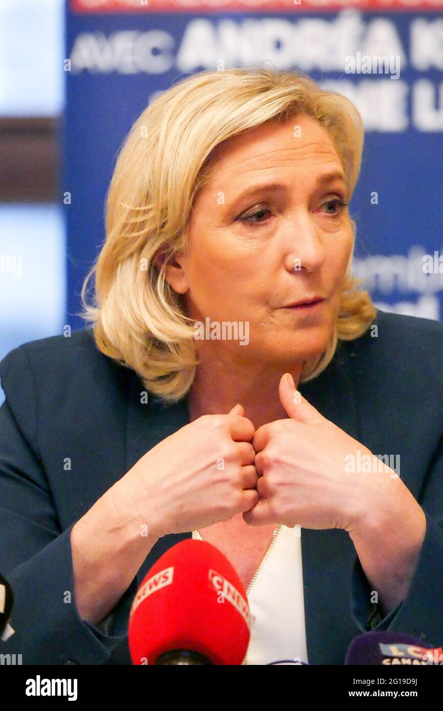 Marine Le Pen, President of RN (Rassemblement National), attends press conference, Saint-Chamond, Loire, AURA region, France, June 3 2021 Stock Photo