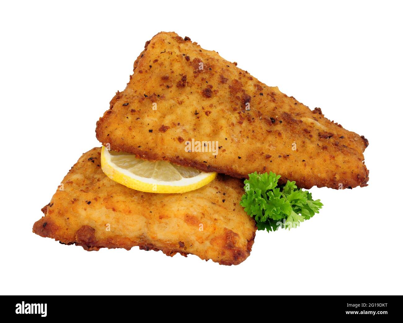 Fried battered haddock fish fillets isolated on a white background