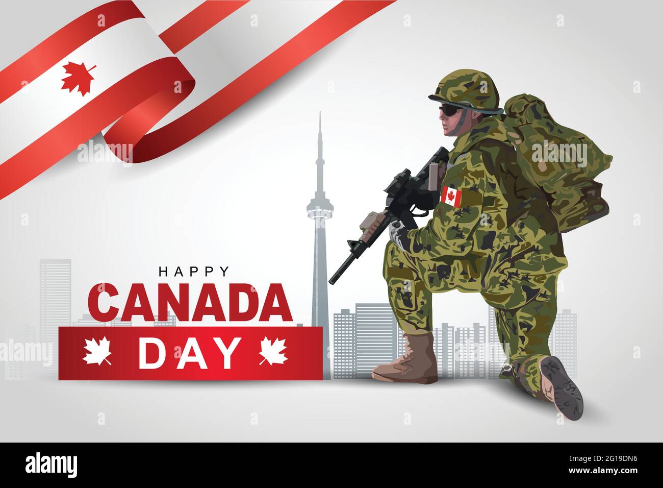 illustration of 1st of July background for Happy Canada day. a soldier with gun and flag. Vector illustration design. Stock Vector