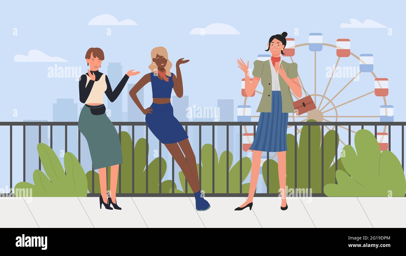 Happy girl friends, feminism community and female friendship vector illustration. Cartoon young stylish woman or girl characters in trendy clothes standing together in city park landscape background Stock Vector