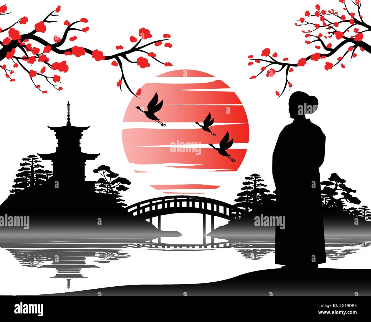 Japanese art with ancient design of kimono woman looks to the pagoda that around with beautiful