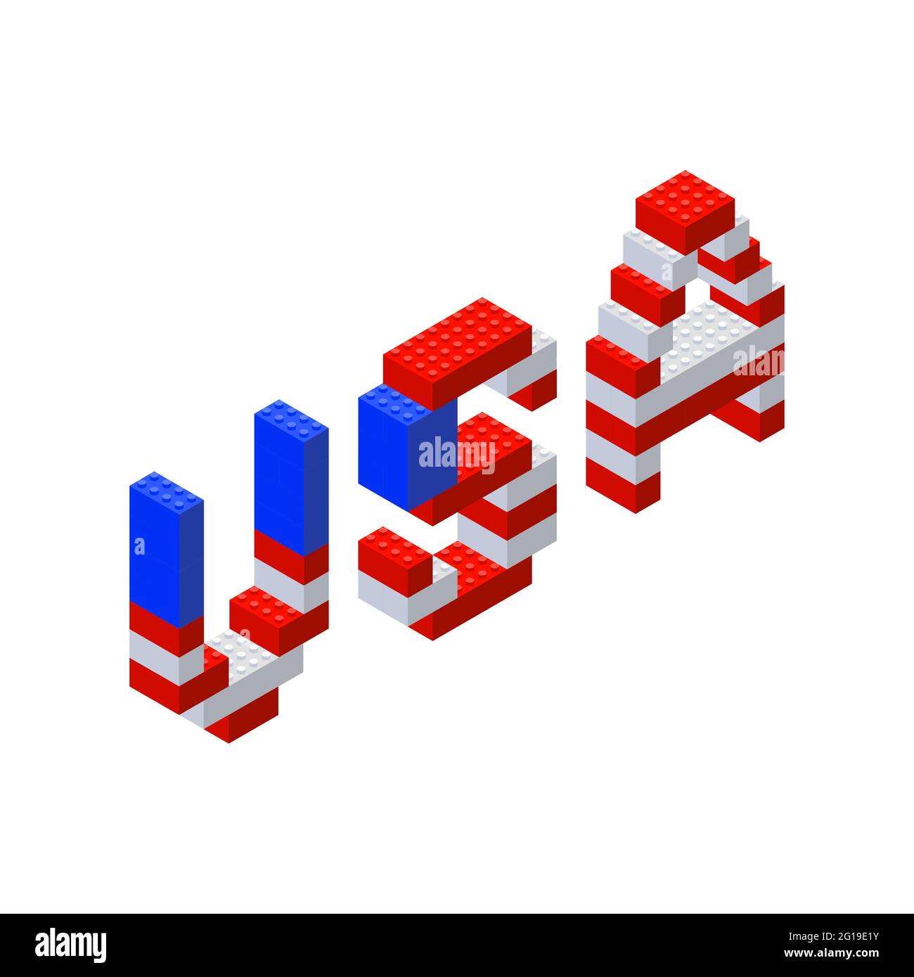 The word USA - isometric letters collected from plastic blocks in the colors of the flag of America on a white background. Vector illustration. Stock Vector
