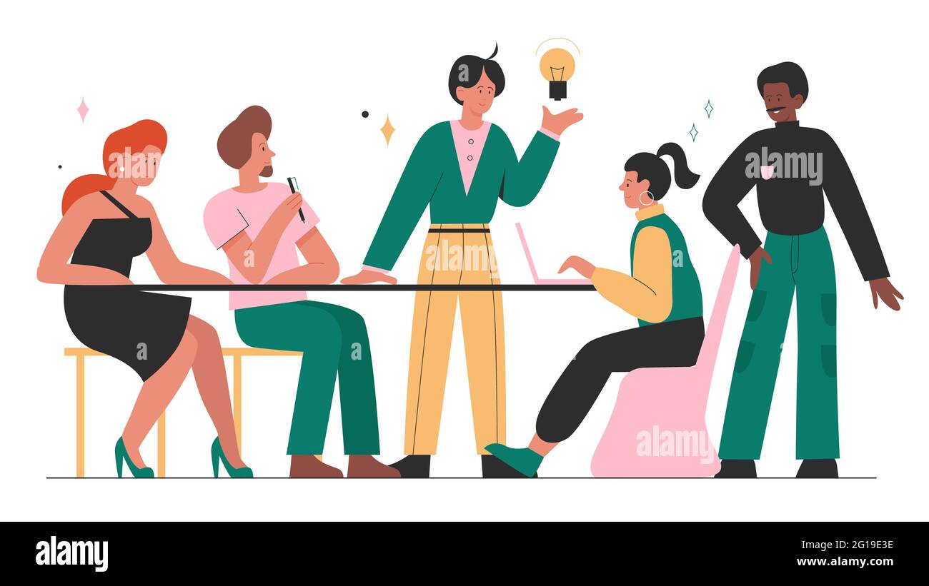 Business people teamwork, work meeting vector illustration. Cartoon professional office worker characters team brainstorming on new project idea strategy, sitting at table together isolated on white Stock Vector