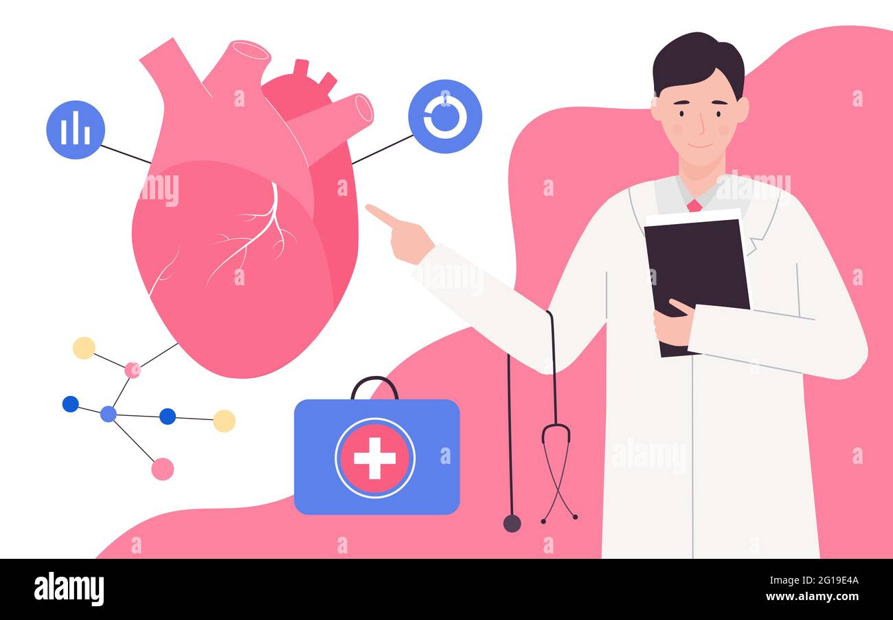 Medical cardiology examination, circulatory cardiovascular system checkup vector illustration. Cartoon cardiologist doctor character warning of heart disease risk, infographics medicine background Stock Vector