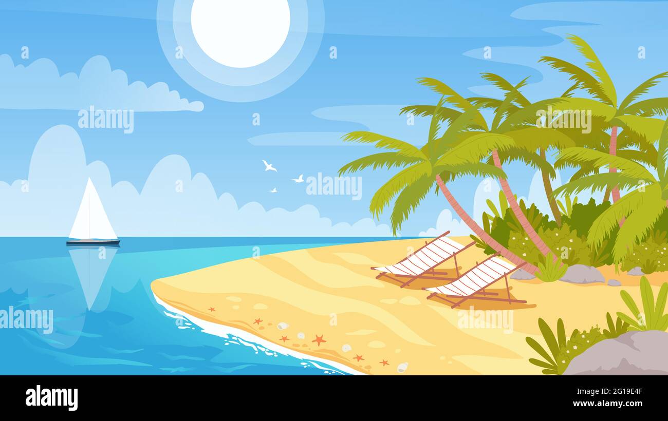 Tropical island landscape, bay sea shore scenery vector illustration. Cartoon idyllic holiday paradise scene, resort lounges and palm trees, sailing ship in blue sea waters on horizon background Stock Vector