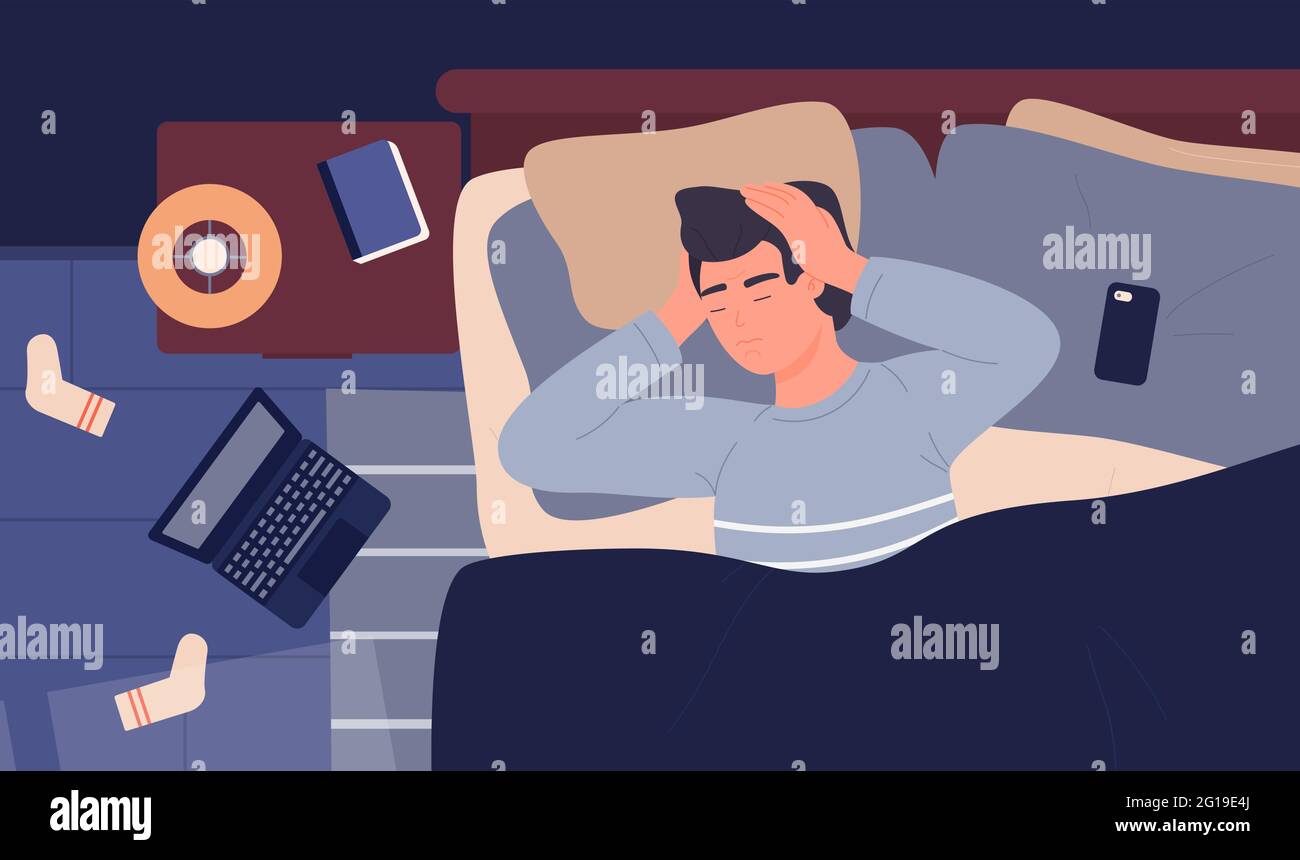 Sick man suffering flu cold headache vector illustration. Cartoon sleepless ill guy character lying in bed on pillow under blanket, holding head with ache in hands, insomnia during illness background Stock Vector