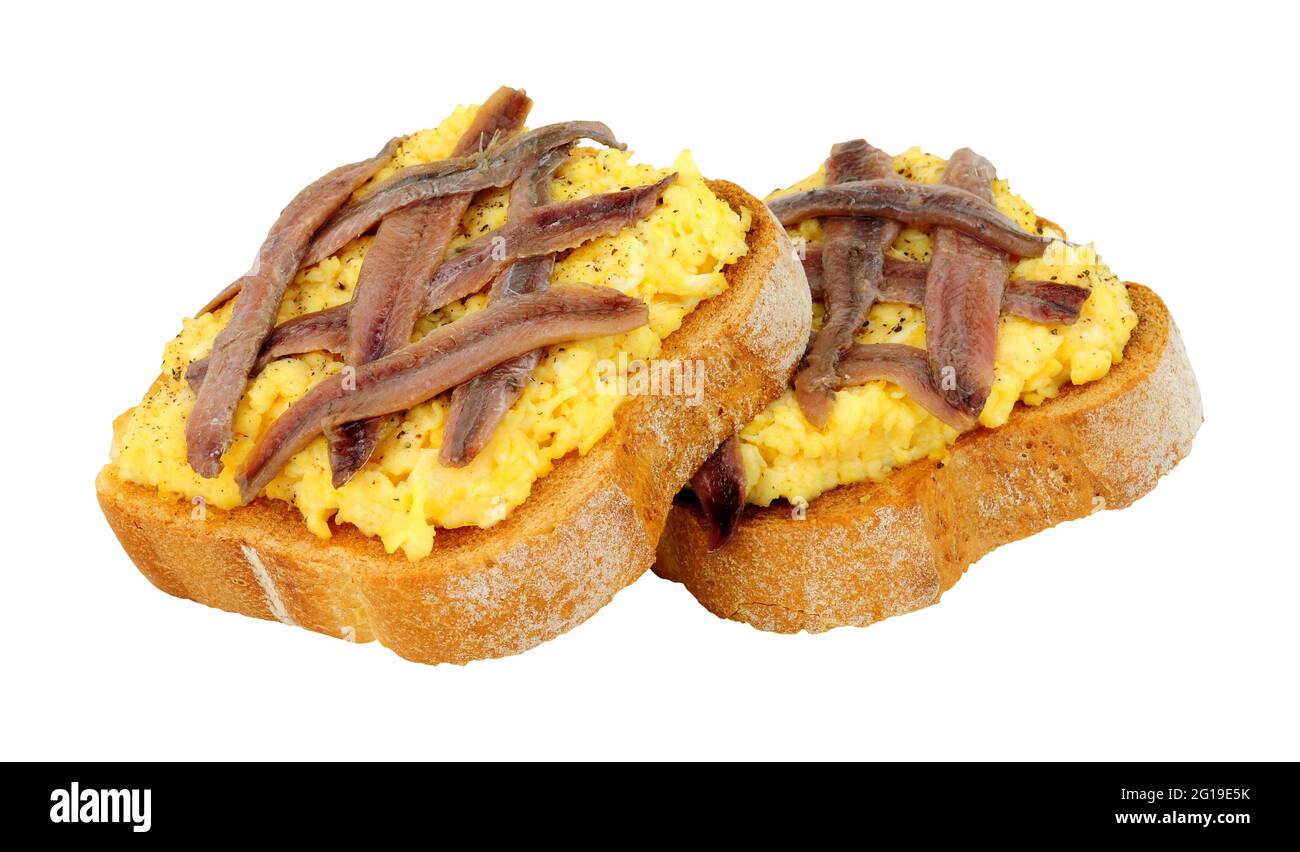 Scotch woodcock lightly scrambled eggs on toast topped with anchovy fillets an old traditional