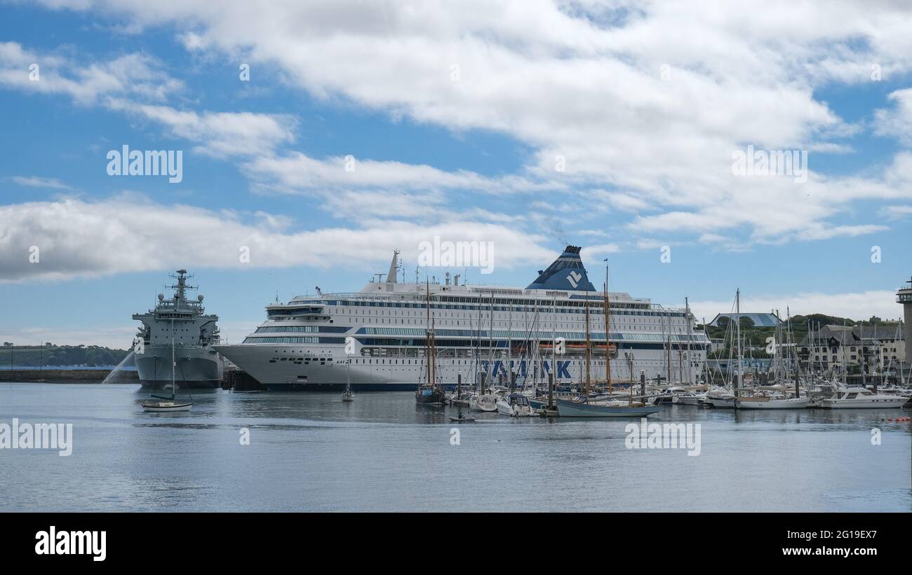 The Silja Europa Cruise ship moored at Falmouth which is being used as accomodation for police during the G7 summit in Cornwall Stock Photo