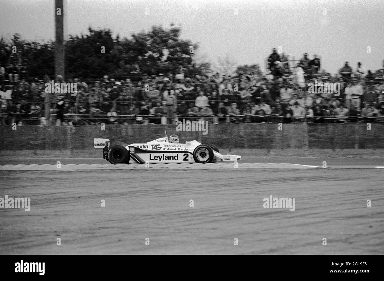 Carlos Reatemann at speed in the Williams FW07 during practice for the 1981 British Grand Prix at Silverstone. Stock Photo