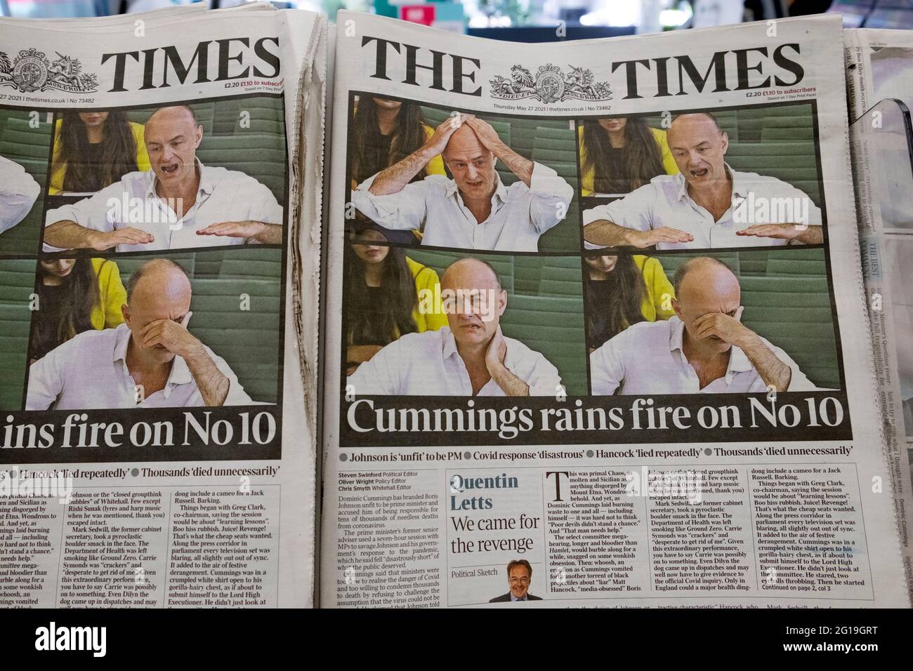 Dominic Cummings The Times Covid newspaper headline on front page 'Cummings rains fire on No 10' London England UK 27 May 2021 Stock Photo