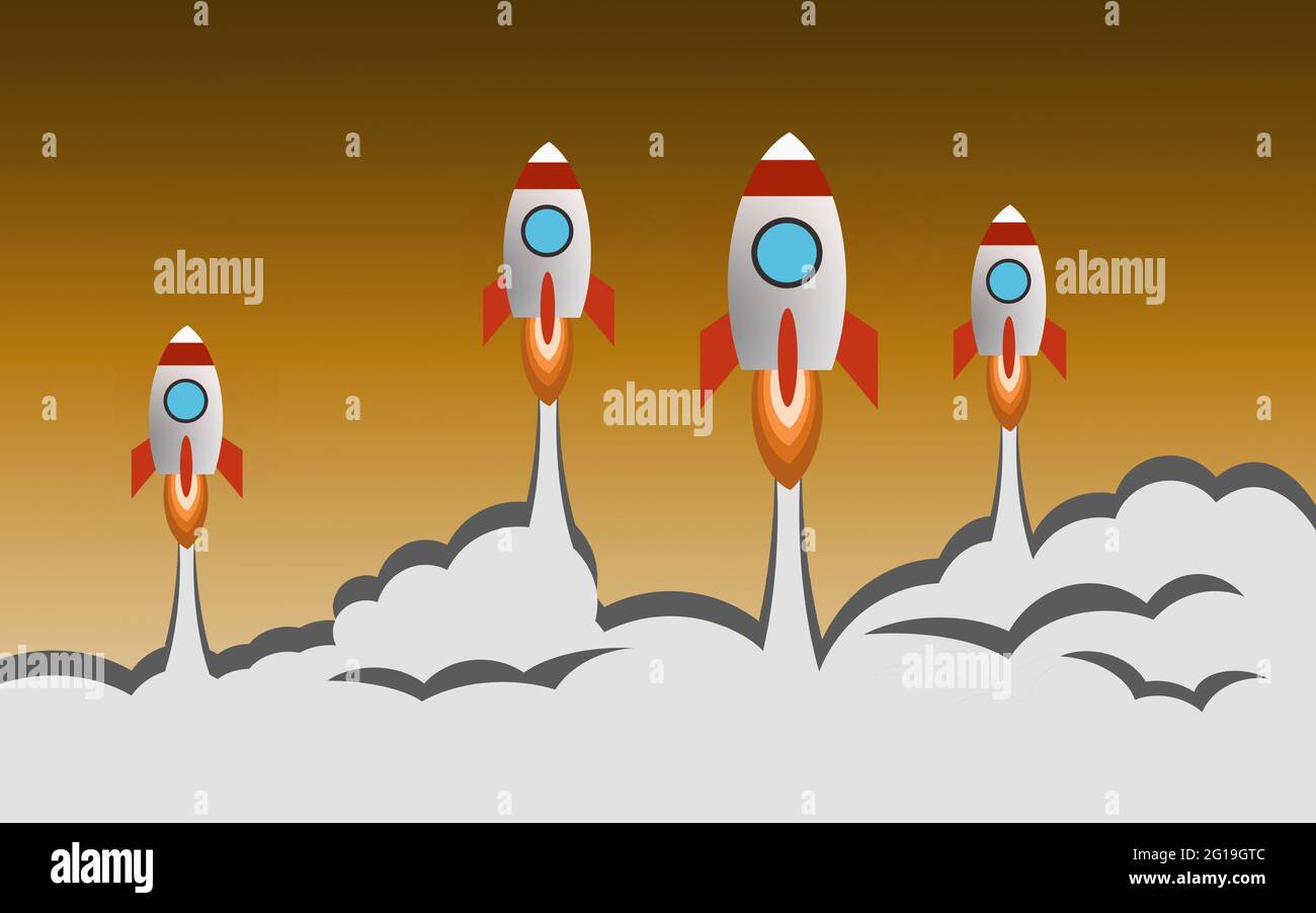 Multiple Rockets Together Multiple rockets launch with yellow background, 3D rendering Stock ...