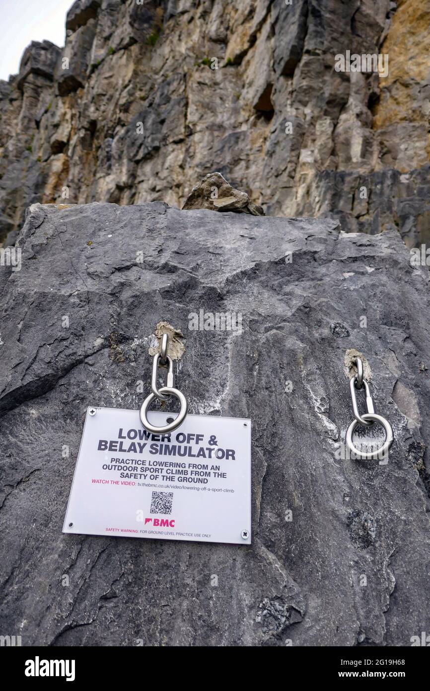 Bolted loweroff for practice, BMC, Horseshoe Quarry, Peak District