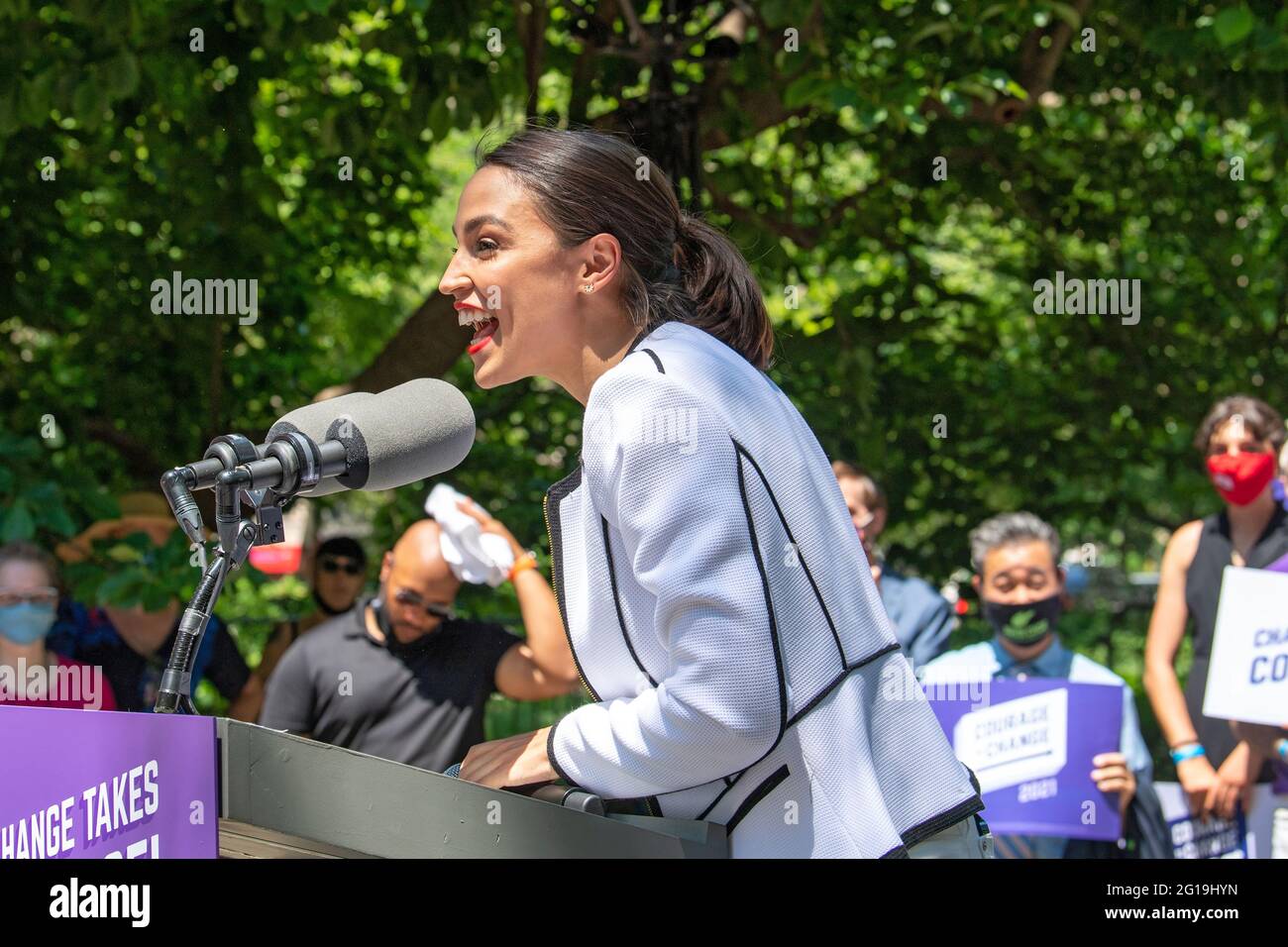 United States Congresswoman Alexandria Ocasio-Cortez speaks at a rally ...