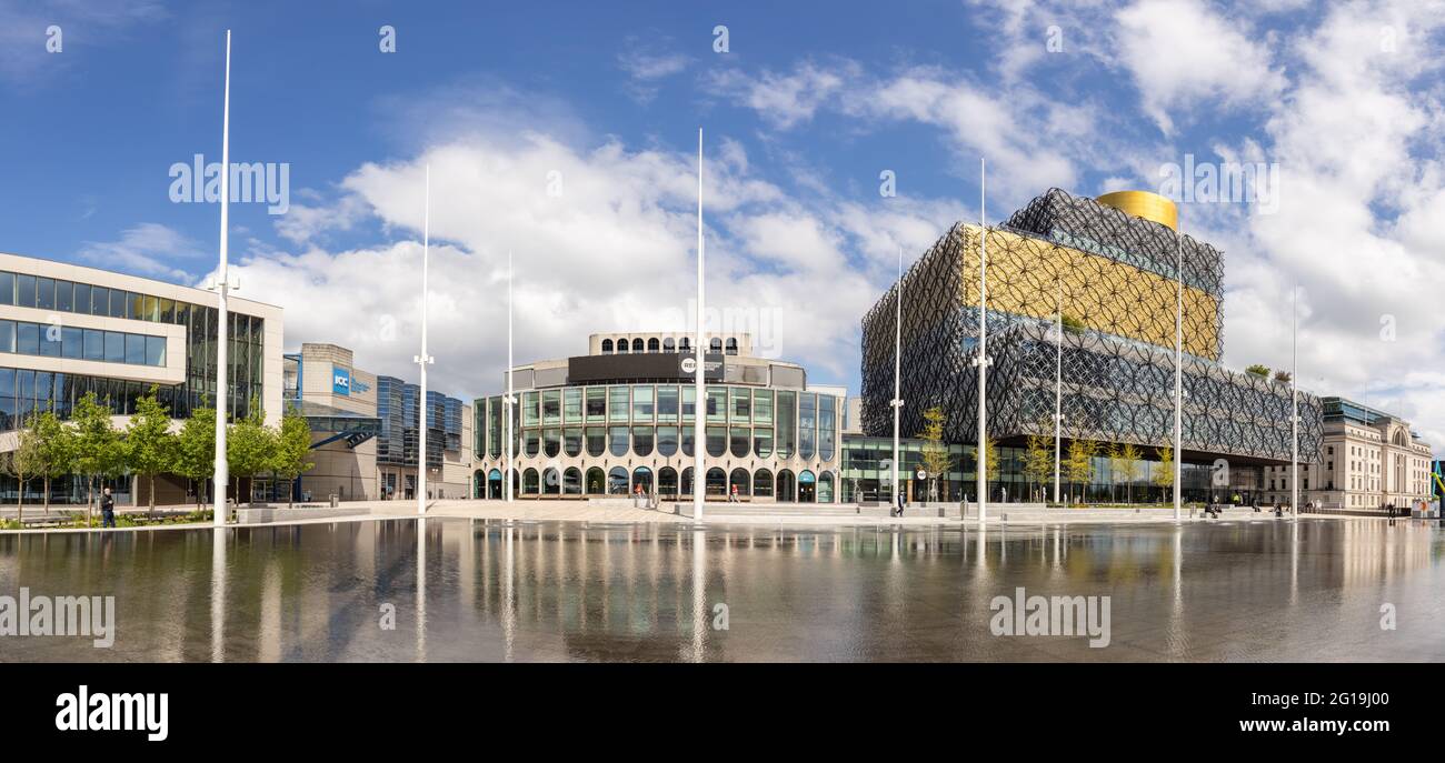 Birmingham, West Midlands, UK - May 26th 2021: International Convention Centre, Repertory Theatre and Library Buildings in Centenary Square panorama. Stock Photo