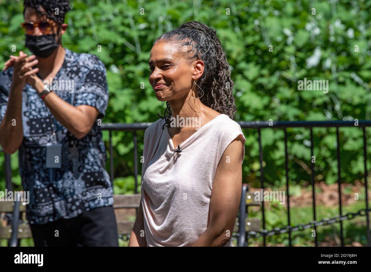 New York City Mayoral Candidate Maya Wiley Listen In To Congresswoman Alexandria Ocasio Cortez Endorsement Outside City Hall In New York City Representative Alexandria Ocasio Cortez One Of The Most Prominent Left Wing Leaders In