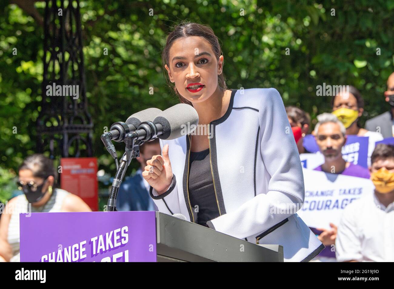 United States Congresswoman Alexandria Ocasio-Cortez speaks at a rally outside City Hall in New York City. Representative Alexandria Ocasio-Cortez endorses Juumane Williams for Public Advocate, Brad Lander for Comptroller as well as 60 progressive New York City Council candidates, stretching across all five boroughs, who took the Courage To Change pledge. (Photo by Ron Adar / SOPA Images/Sipa USA) Stock Photo