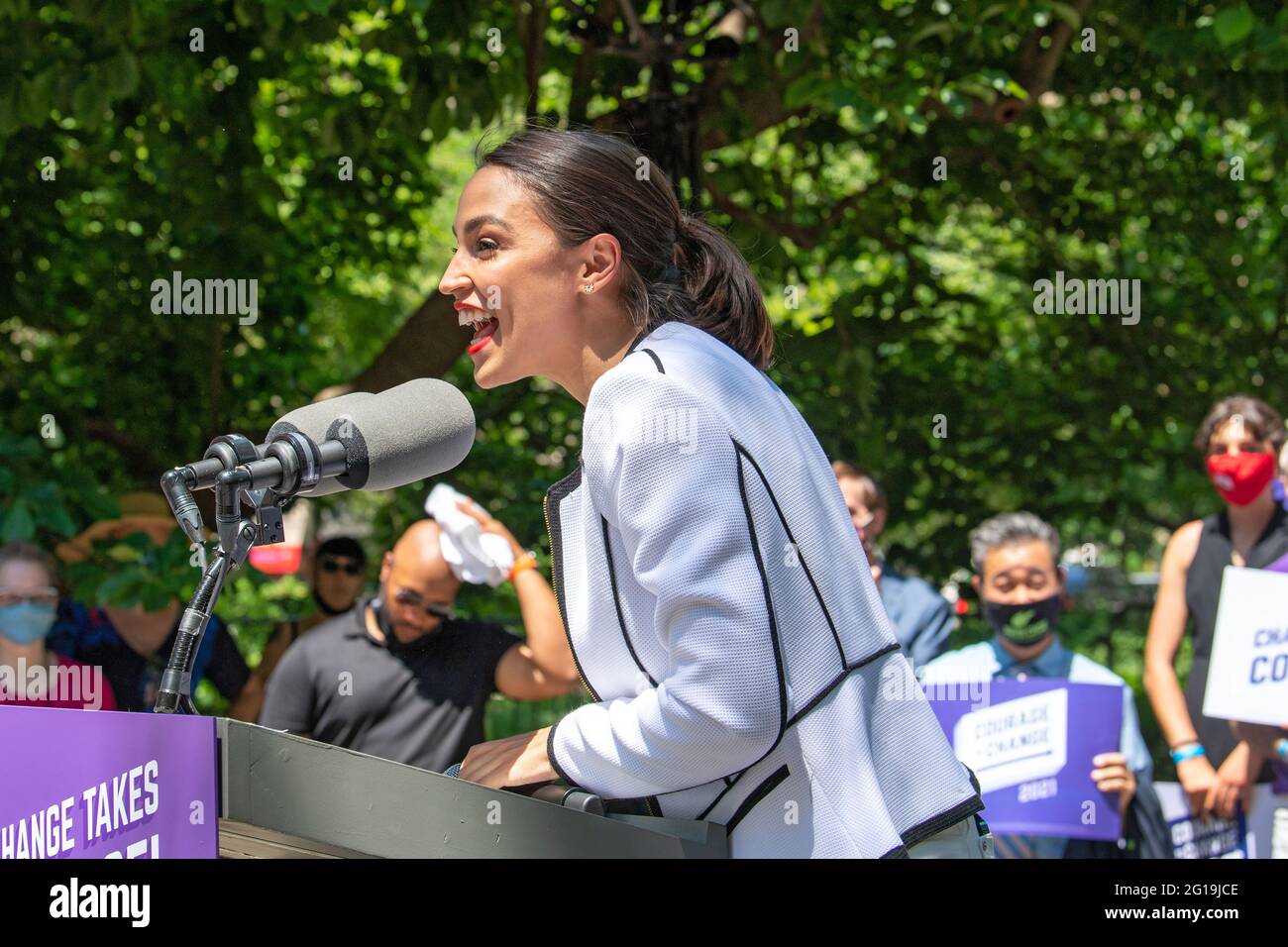 United States Congresswoman Alexandria Ocasio-Cortez speaks at a rally outside City Hall in New York City. Representative Alexandria Ocasio-Cortez endorses Juumane Williams for Public Advocate, Brad Lander for Comptroller as well as 60 progressive New York City Council candidates, stretching across all five boroughs, who took the Courage To Change pledge. (Photo by Ron Adar / SOPA Images/Sipa USA) Stock Photo