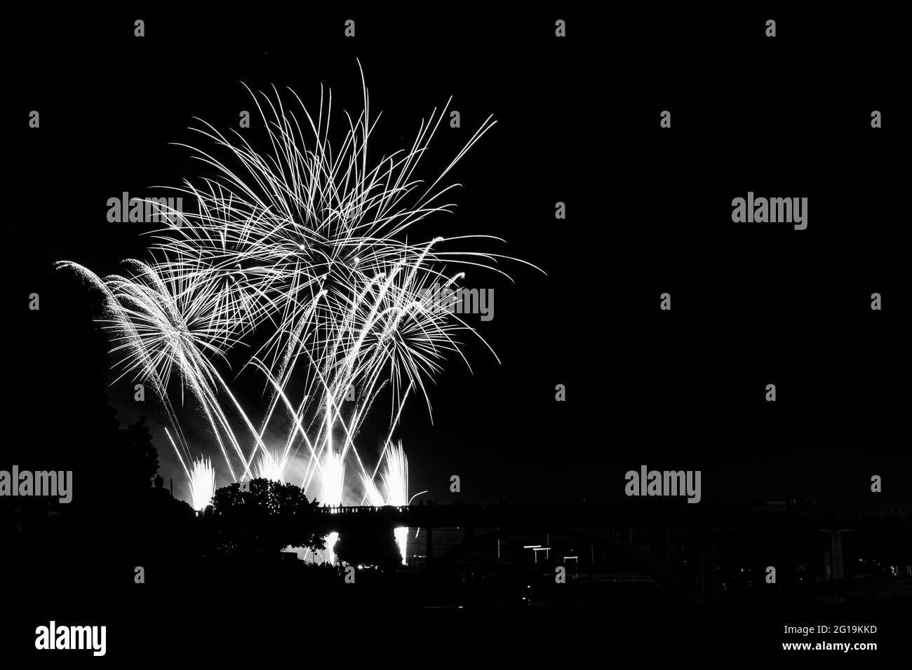 A grayscale shot of a beautiful Fourth of July firework Stock Photo