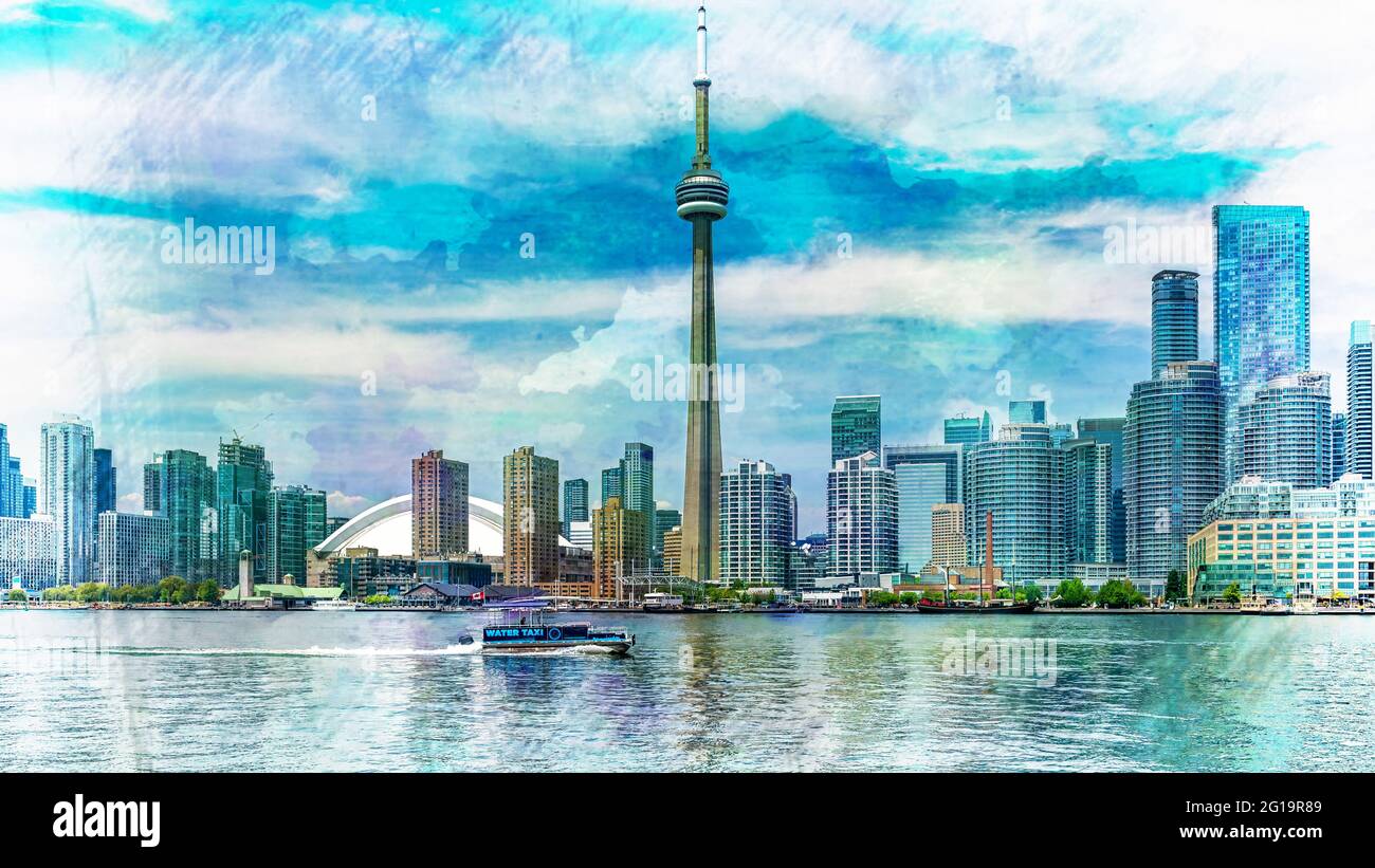 The Toronto city skyline during the daytime and seen from the Lake Ontario, Canada.†The image includes the CN Tower which is a symbol of the country Stock Photo