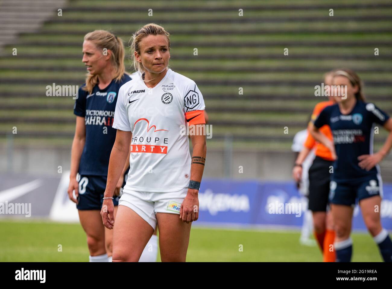 Marion Torrent of Montpellier Herault Sport Club reacts during the Women's  French championship D1 Arkema football match between Paris FC and  Montpellier HSC on June 5, 2021 at Robert Bobin stadium in