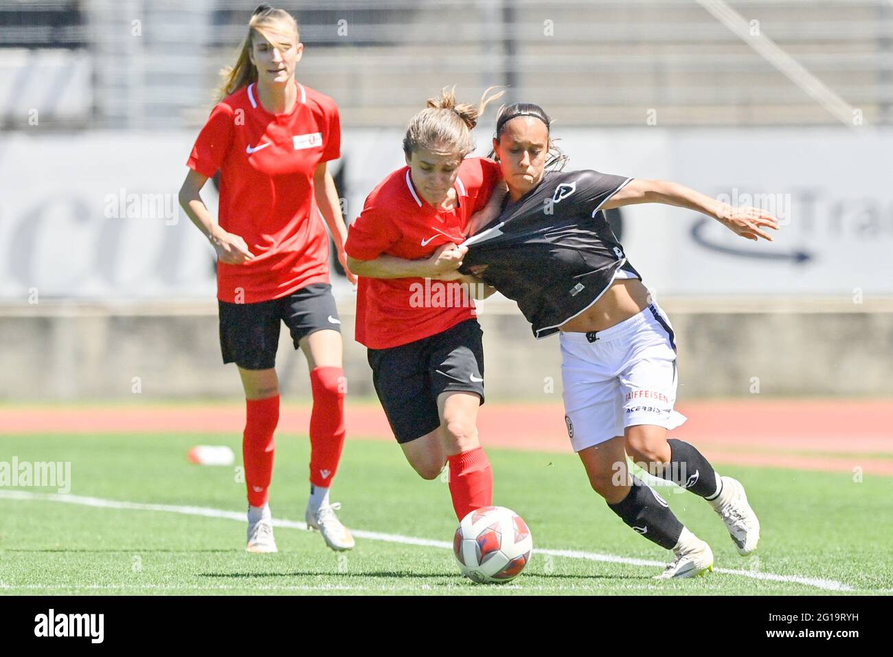 Lugano, Switzerland. 06th June, 2021. Sabrina Bodenmann (#20 Thun Berner  Oberland) and Lora Petrova (#9 FC Lugano) during the playout Axa Womens  Super League 2nd leg match between FC Lugano and Thun