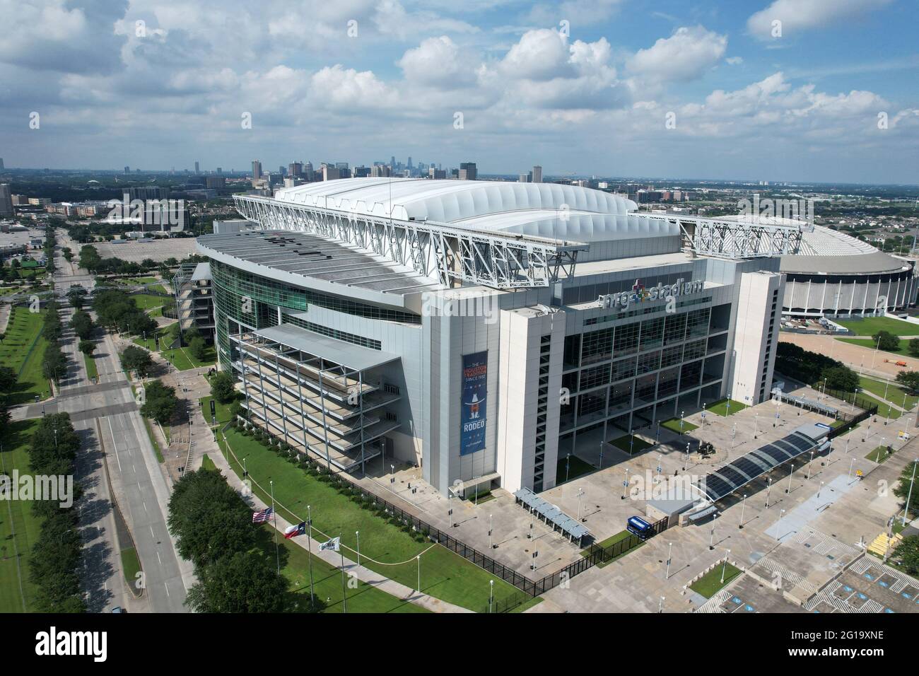 An aerial view of NRG Stadium, Sunday, May 30, 2021, in Houston. The
